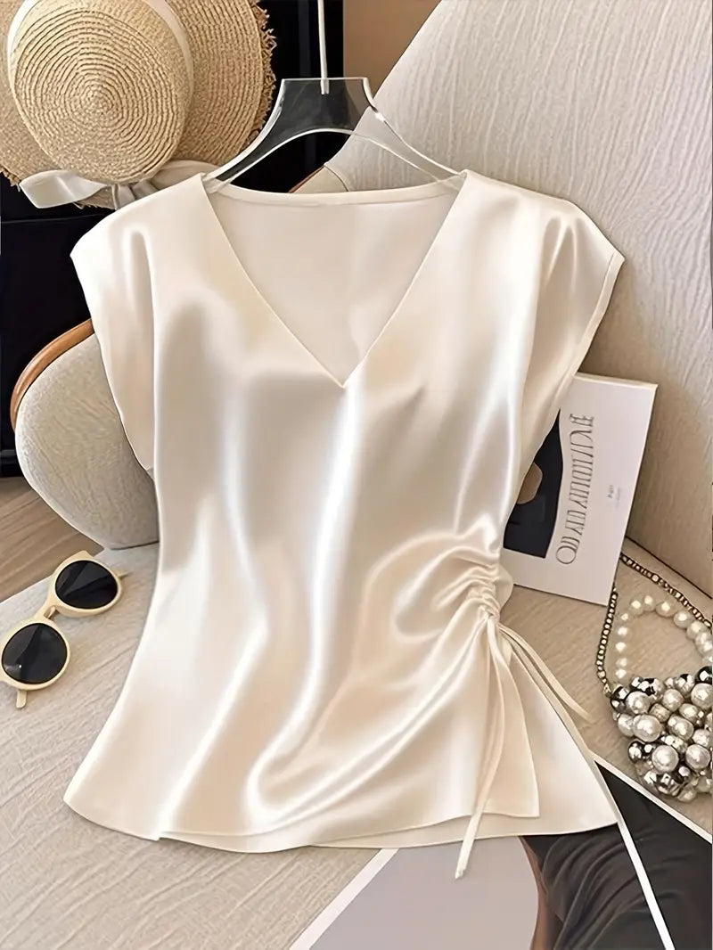 Elegant White Satin V-Neck Blouse for Women - Sleeveless, Ruched Detail, Perfect for Spring/Summer, Stylish and Sophisticated Design, Summer Fashion Top | Ruched Detail Top | Smooth Texture