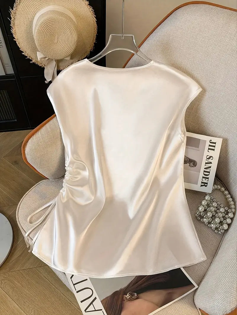 Elegant White Satin V-Neck Blouse for Women - Sleeveless, Ruched Detail, Perfect for Spring/Summer, Stylish and Sophisticated Design, Summer Fashion Top | Ruched Detail Top | Smooth Texture