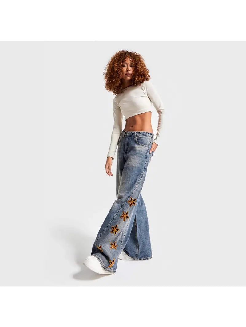 Women'S High-Waisted Loose-Fit Floral Print Jeans - Light Wash Blue Denim Pants with Beltless Design & Built-In Zipper Closure, Casual to Semi-Formal Long Pants for Spring Summer Fall, Comfortable Casual Attire