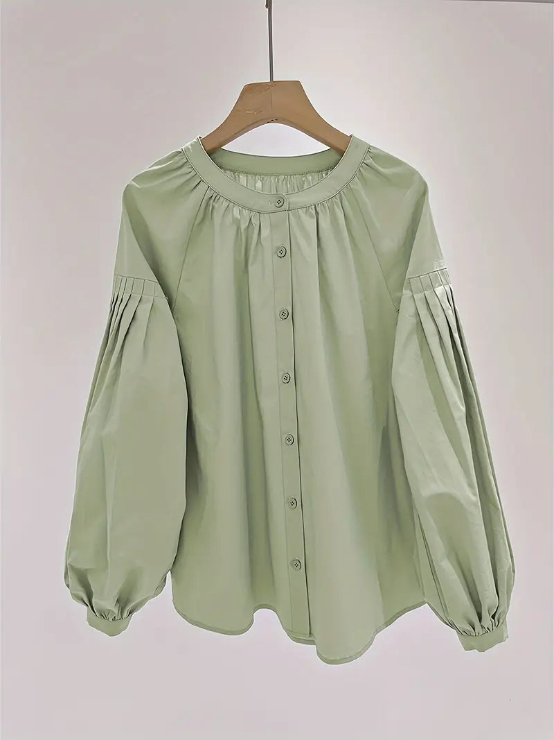 1pc Women's 100% Rayon Casual Shirt - Elegant Loose Fit Lantern Sleeve Top with Cardigan Collar & Button Front, Solid Color Spring/Fall Shirt for Versatile Layering