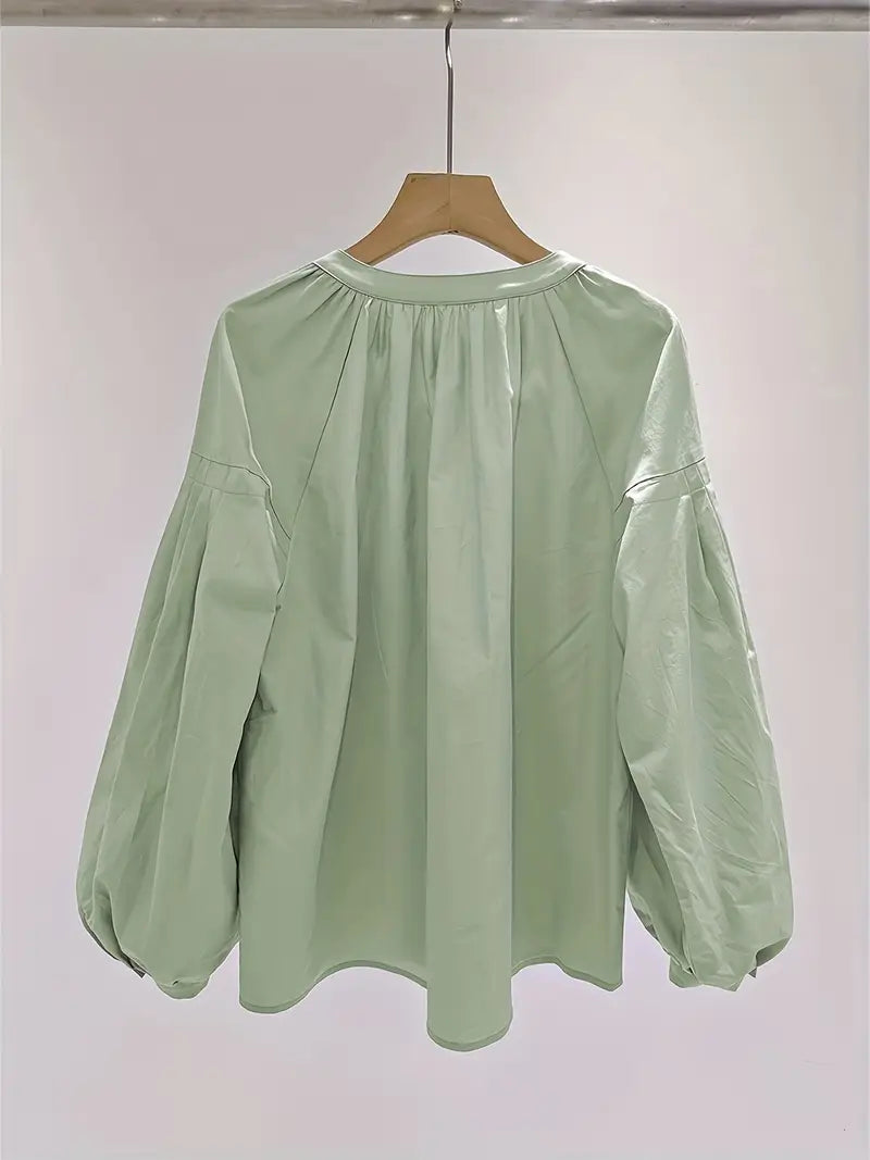 1pc Women's 100% Rayon Casual Shirt - Elegant Loose Fit Lantern Sleeve Top with Cardigan Collar & Button Front, Solid Color Spring/Fall Shirt for Versatile Layering