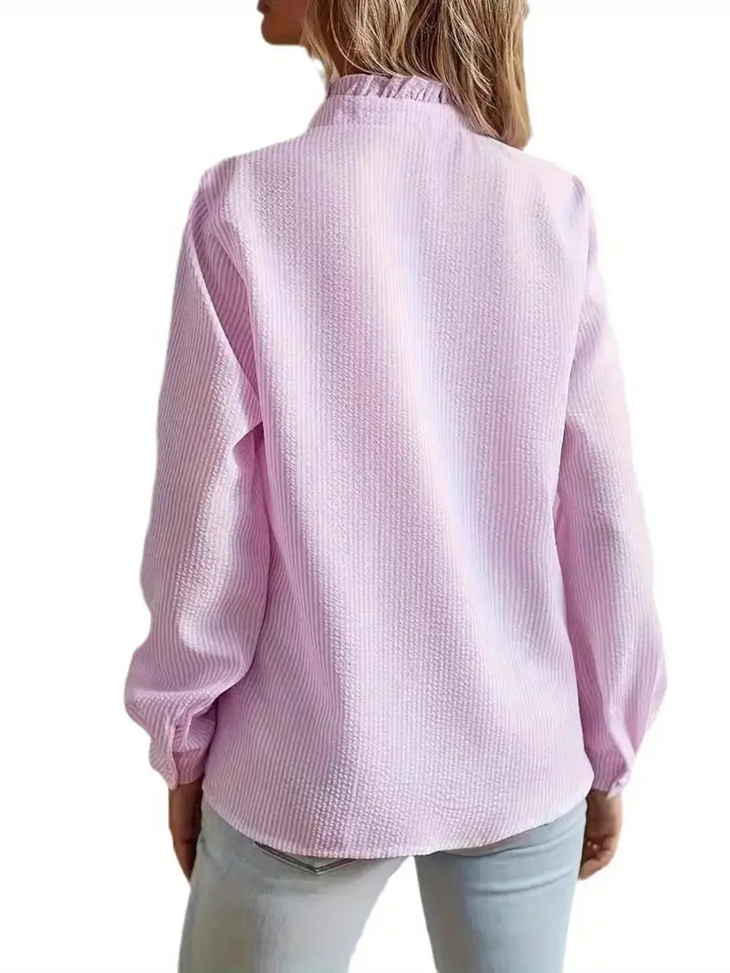 New Women's striped pleated details, single breasted elegant and intellectual outdoor dating work shirt, Business Casual, Work Attire, Intellectual Style, Classic Design, Nonstretch Fabric