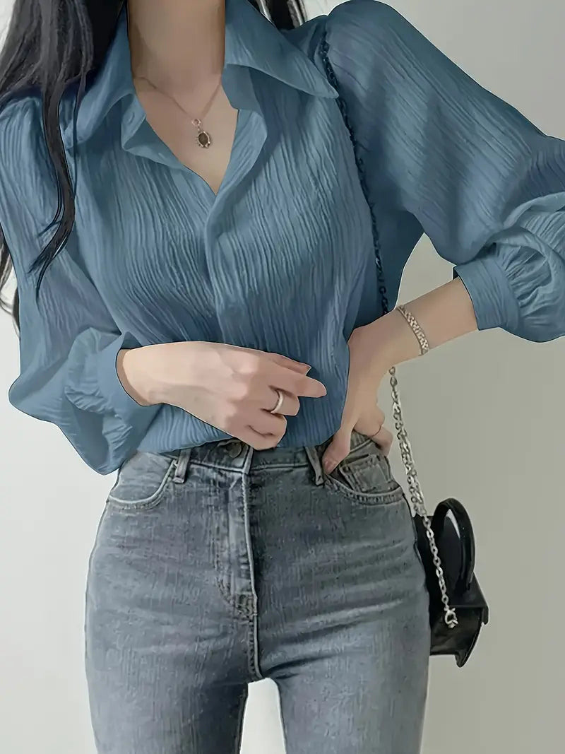 Women'S French-Inspired Lightweight Long Sleeve Shirt - Middle Eastern Elegance Collection, Solid Blue Button-Up Blouse with Pointed Collar