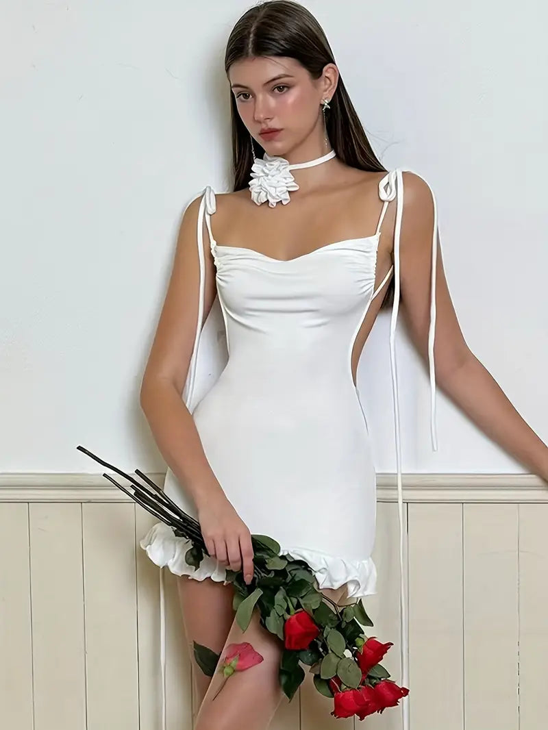 Women's Sexy French-Inspired Backless Ruched Pencil Mini Dress - Lightweight Semi-Sheer Summer Dress with Thin Straps & Tie-Front Detail, Machine Washable Solid Color for Casual Formal Occasions