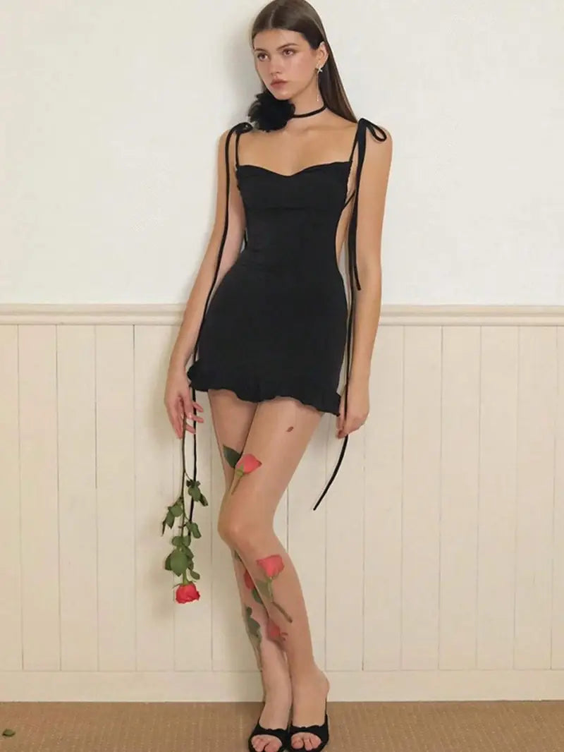Women's Sexy French-Inspired Backless Ruched Pencil Mini Dress - Lightweight Semi-Sheer Summer Dress with Thin Straps & Tie-Front Detail, Machine Washable Solid Color for Casual Formal Occasions