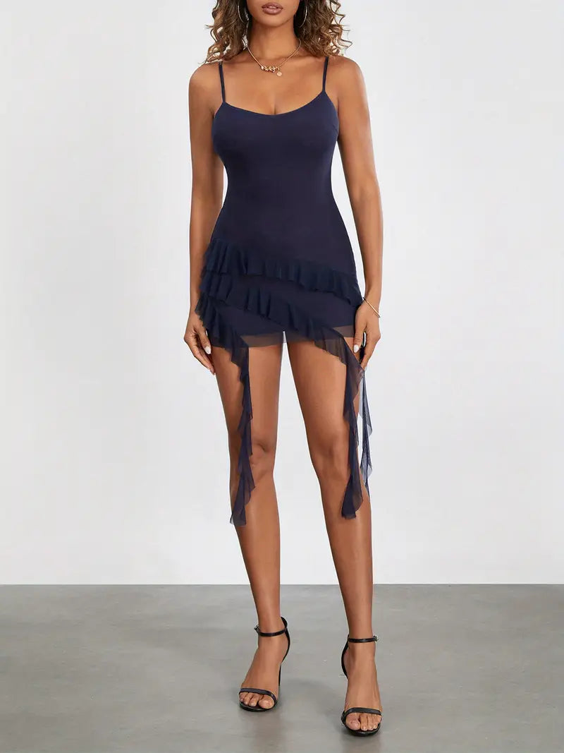 Women's Short Mini Dress Sleeveless Spaghetti Strap Bodycon Dress Asymmetrical Ruffle Dress