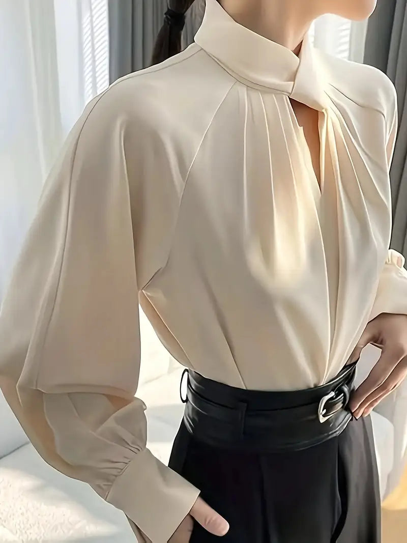 Elegant Pile Collar Solid Color Shirt, Polyester Fiber, Fashion Ruched Design Elegant Top, Women'S Shirt, Spring/Summer Collection, Long Sleeve, Regular Length, Pullover Style