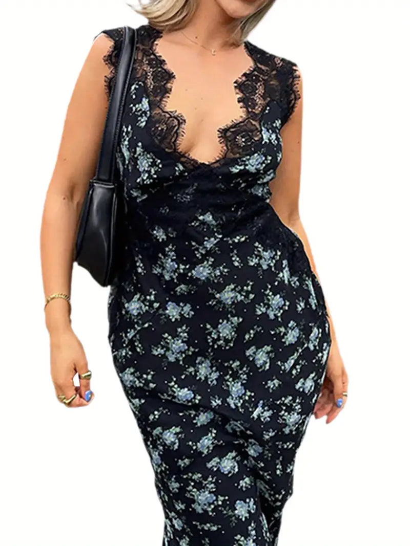 Women Summer Dress, Sleeveless Floral Printed Lace V-Neck Long Dress, Ladies High Waist Slim-Fit Party One-Piece