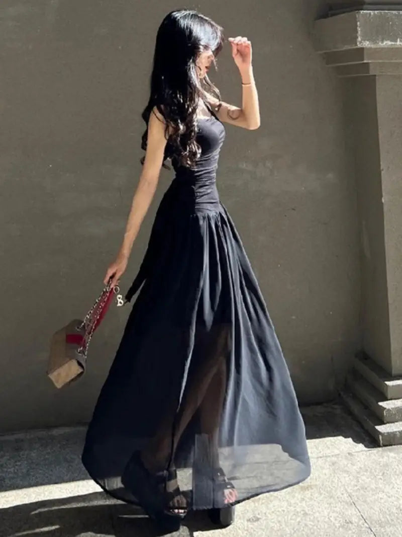 American Style Summer Dress - Tulle Spaghetti Strap Square Neckline, Cinched Waist & Pleated Flared Skirt, Casual Solid Color Machine Washable, Occasion Dress, Cinched Waist Dress, Stylish Pleats