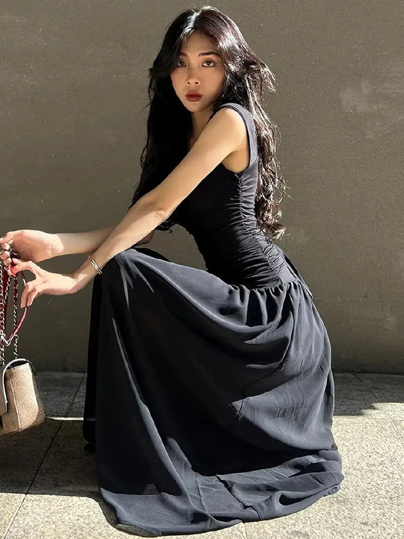 American Style Summer Dress - Tulle Spaghetti Strap Square Neckline, Cinched Waist & Pleated Flared Skirt, Casual Solid Color Machine Washable, Occasion Dress, Cinched Waist Dress, Stylish Pleats