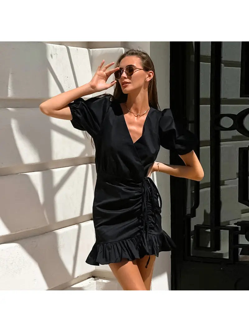 European and American Fashion Black Ruched Waist Dress Summer High-end Puff Sleeve Bodycon Dress