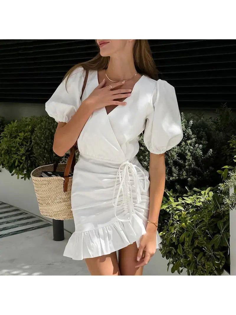 European and American Fashion Black Ruched Waist Dress Summer High-end Puff Sleeve Bodycon Dress