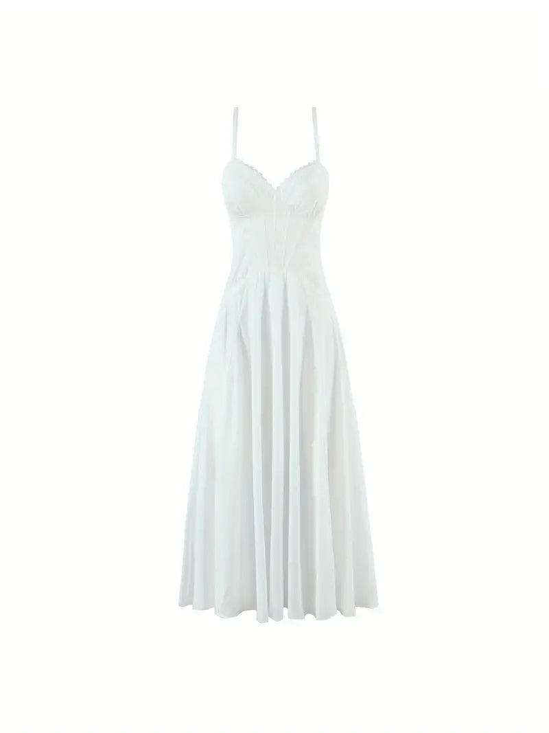 Women'S Floral dress - Elegant Floral print in White, Pastel pink & Green, Sleeveless flared skirt