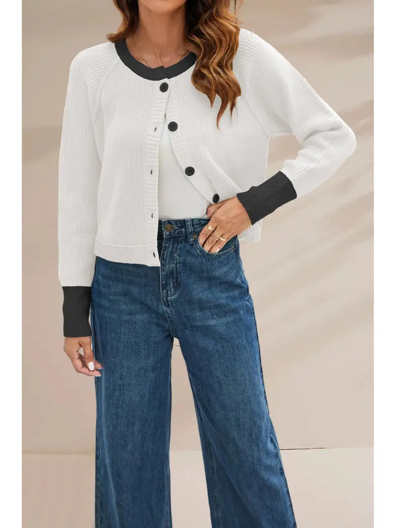 Women'S Winter Warm Round Neck Single-Breasted Contrast Color Cardigan Coat - Navy Blue & Light Blue Button-Front Closure, Casual to Semi-Formal Outerwear, Soft Durable Fabric for Fall Winter Layering, Versatile Everyday & Special Occasion Coat