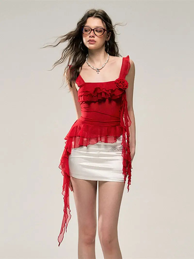 Women'S Red Ruffle Trim Cami Top with 3D Floral Mesh Detail - Sleeveless, Round Neck, Summer Casual Wear, Polyester Blend, Machine Washable, Summer Fashion Top | Ruffle Trim Top | Mesh Overlay Top