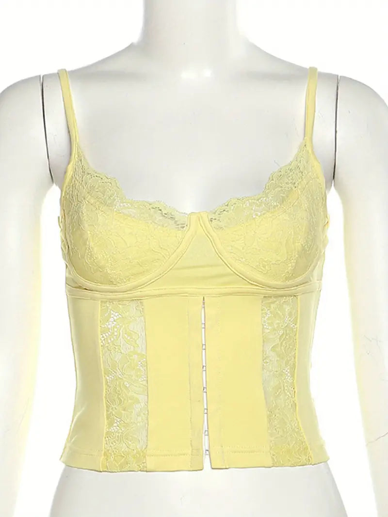 Lace V-Neck Camisole Top, Sheer Polyester Knit Fabric, Sleeveless Backless Sexy Tank Crop Vest for Women, Solid Color Streetwear for Spring/Summer/Fall