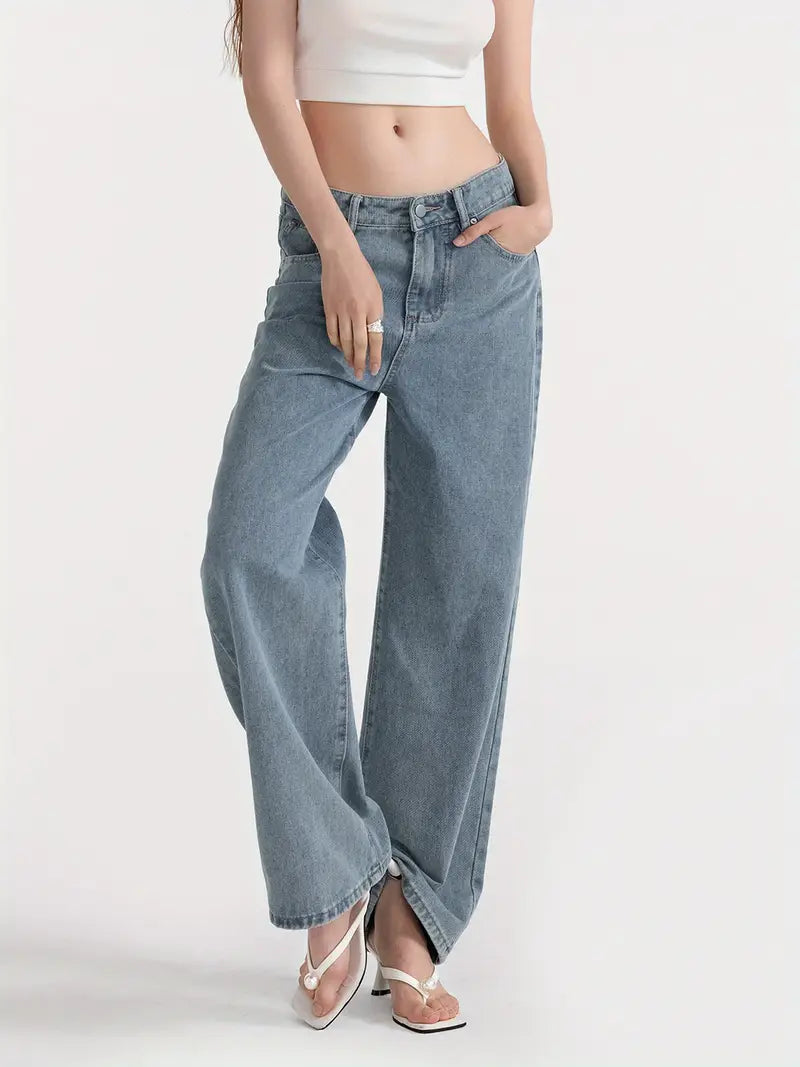 1pc Women'S Casual Wide Leg Jeans - Cotton Blend, Solid Color, All-Season, Woven, Raw Wash, Low Waist with Bow Detail, Zipper Button Closure, Pockets - Loose Fit Trousers for Daily Wear
