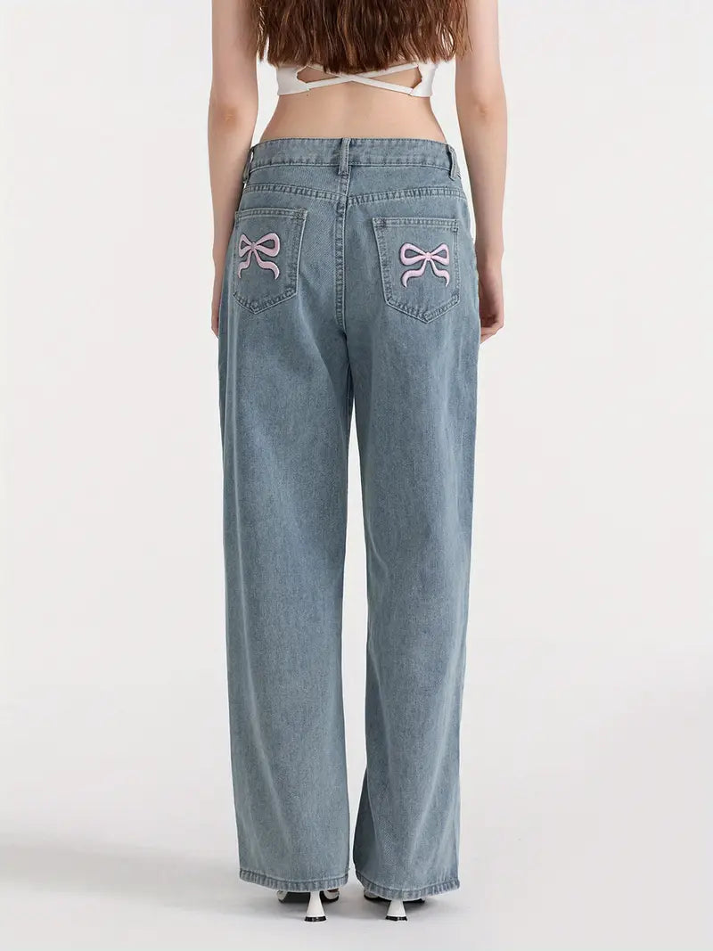1pc Women'S Casual Wide Leg Jeans - Cotton Blend, Solid Color, All-Season, Woven, Raw Wash, Low Waist with Bow Detail, Zipper Button Closure, Pockets - Loose Fit Trousers for Daily Wear