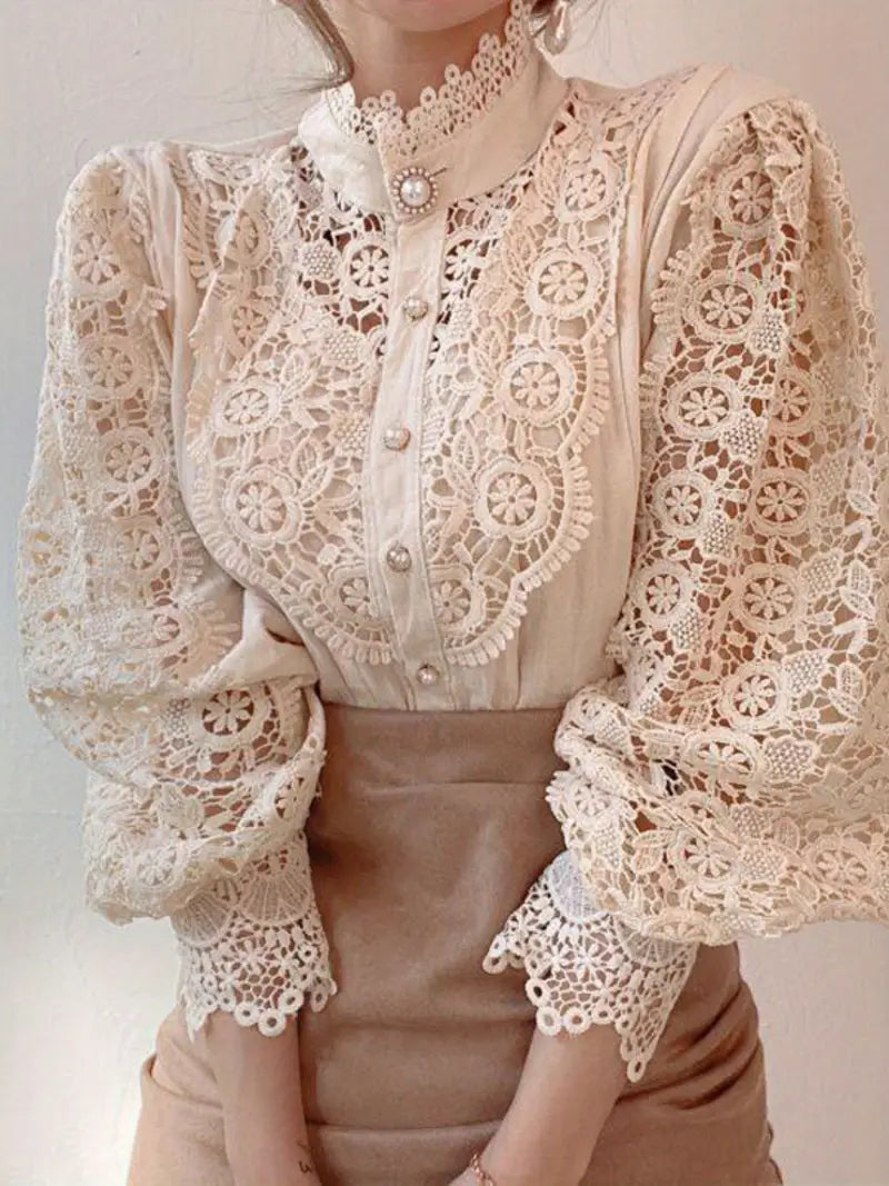 Women's Vintage Elegant Blouse - Navy Blue Lace Shirt with Pearl Buttons, Long Sleeve Button-Front Collar Top for Office, Party