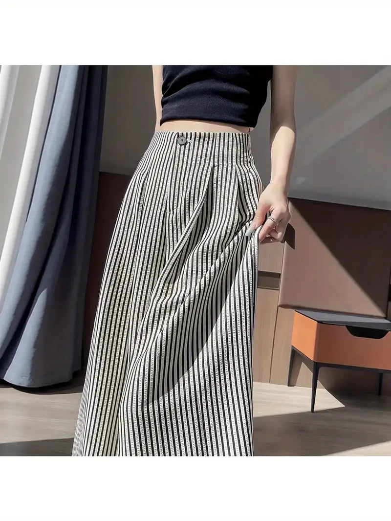 Women'S High-Waist Striped Slouchy Pants - Loose Fit, Wide-Leg Design, Drape Fabric, Black & White Vertical Stripes, Perfect for Work & Casual Outfits, All-Season Comfort, High Waisted Pants