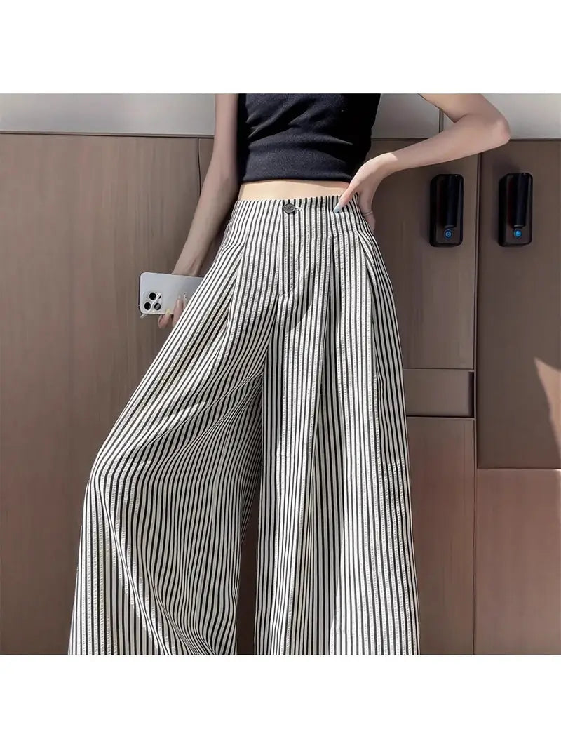 Women'S High-Waist Striped Slouchy Pants - Loose Fit, Wide-Leg Design, Drape Fabric, Black & White Vertical Stripes, Perfect for Work & Casual Outfits, All-Season Comfort, High Waisted Pants