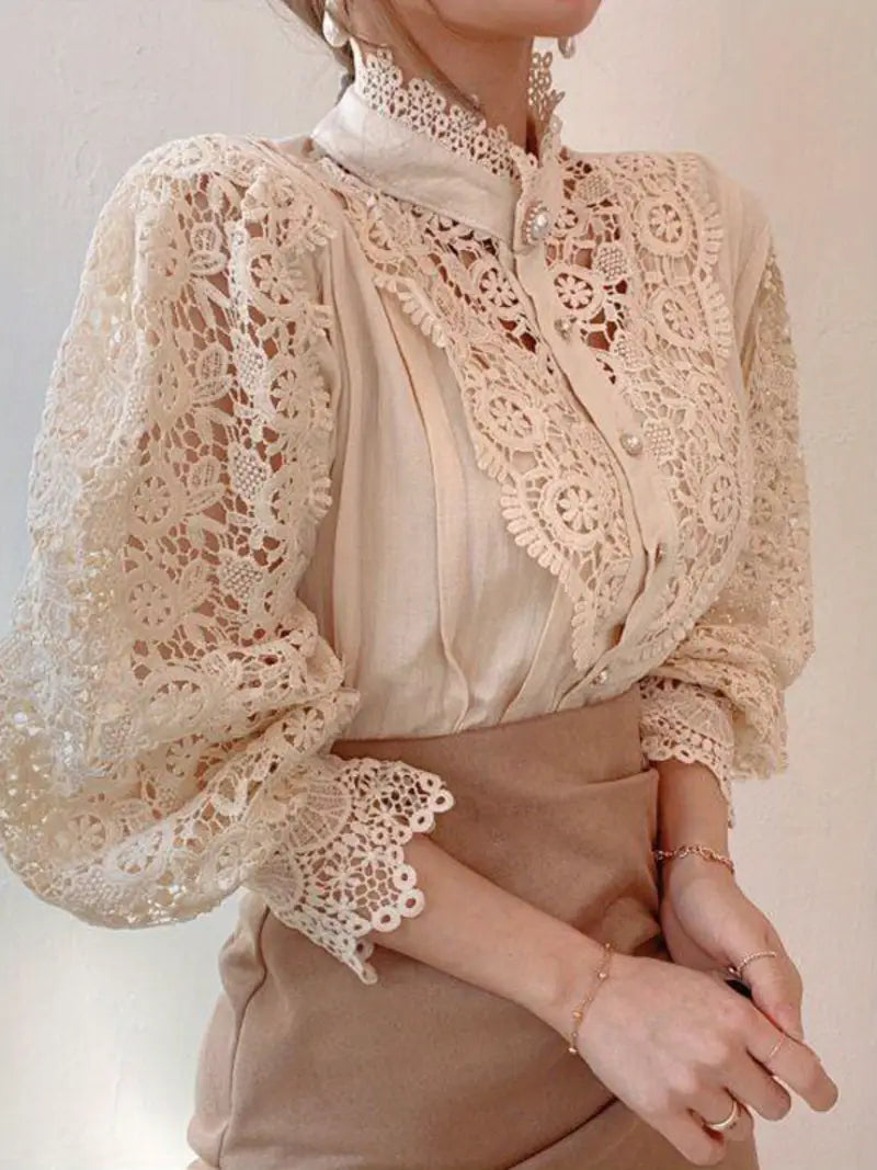 Women's Vintage Elegant Blouse - Navy Blue Lace Shirt with Pearl Buttons, Long Sleeve Button-Front Collar Top for Office, Party