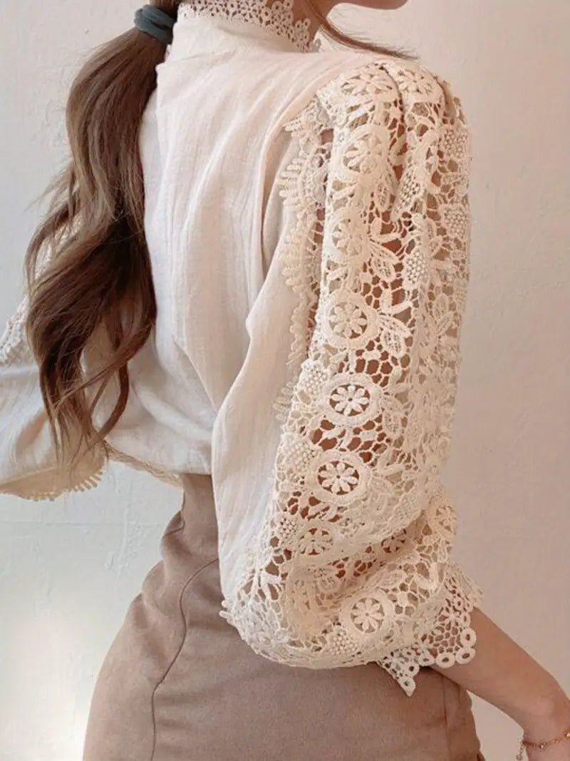 Women's Vintage Elegant Blouse - Navy Blue Lace Shirt with Pearl Buttons, Long Sleeve Button-Front Collar Top for Office, Party