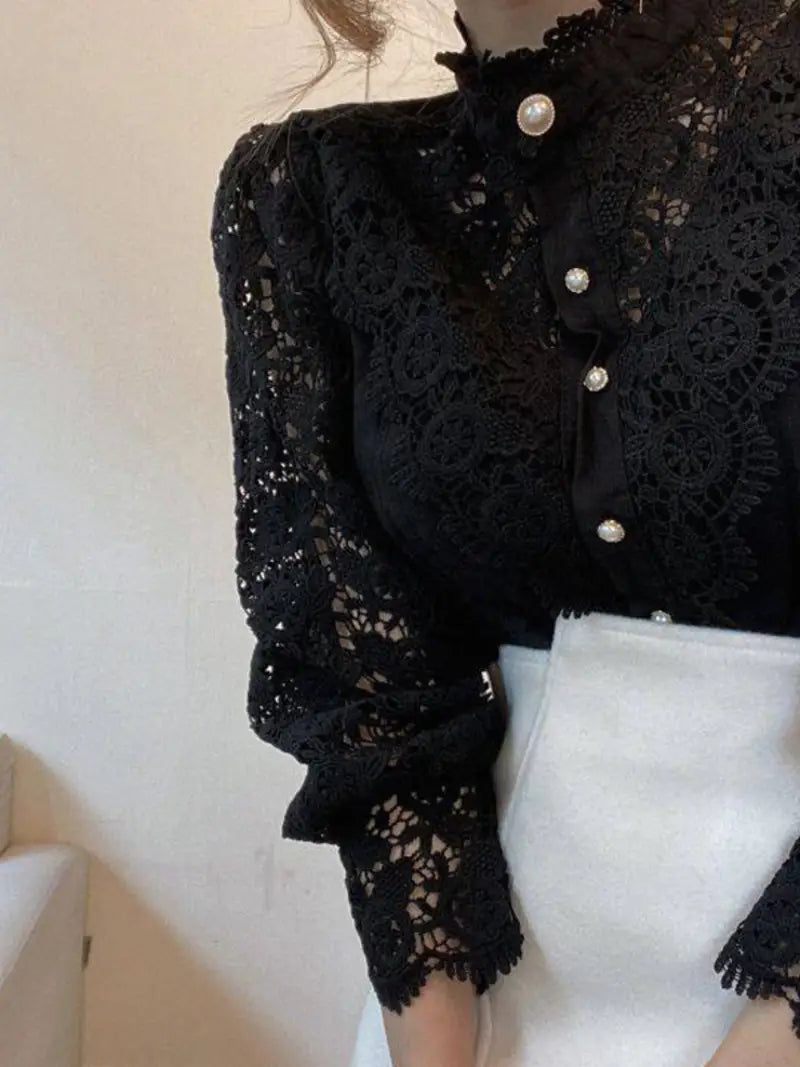 Women's Vintage Elegant Blouse - Navy Blue Lace Shirt with Pearl Buttons, Long Sleeve Button-Front Collar Top for Office, Party