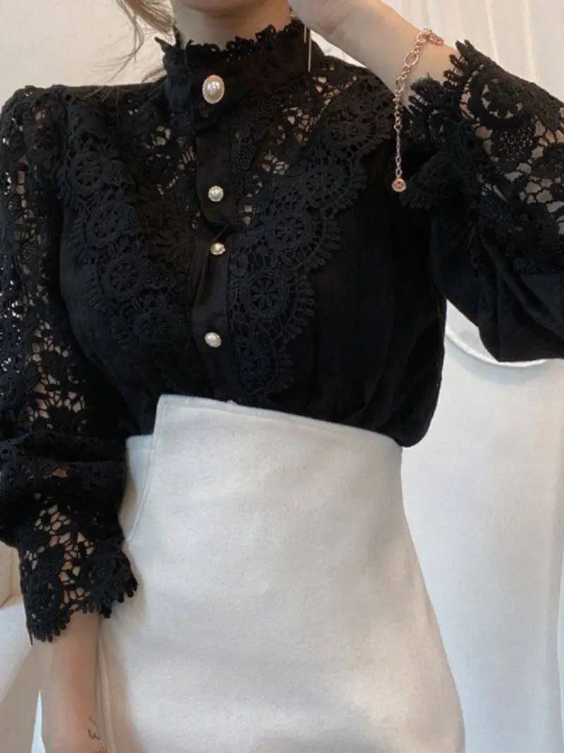 Women's Vintage Elegant Blouse - Navy Blue Lace Shirt with Pearl Buttons, Long Sleeve Button-Front Collar Top for Office, Party