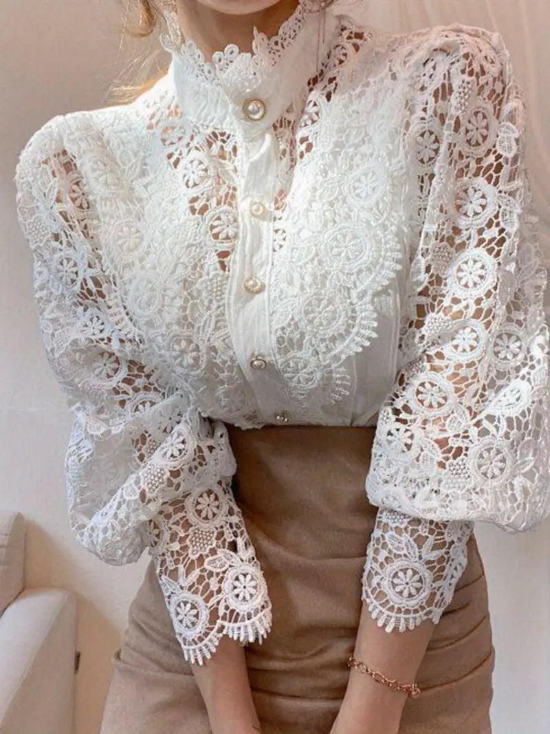 Women's Vintage Elegant Blouse - Navy Blue Lace Shirt with Pearl Buttons, Long Sleeve Button-Front Collar Top for Office, Party