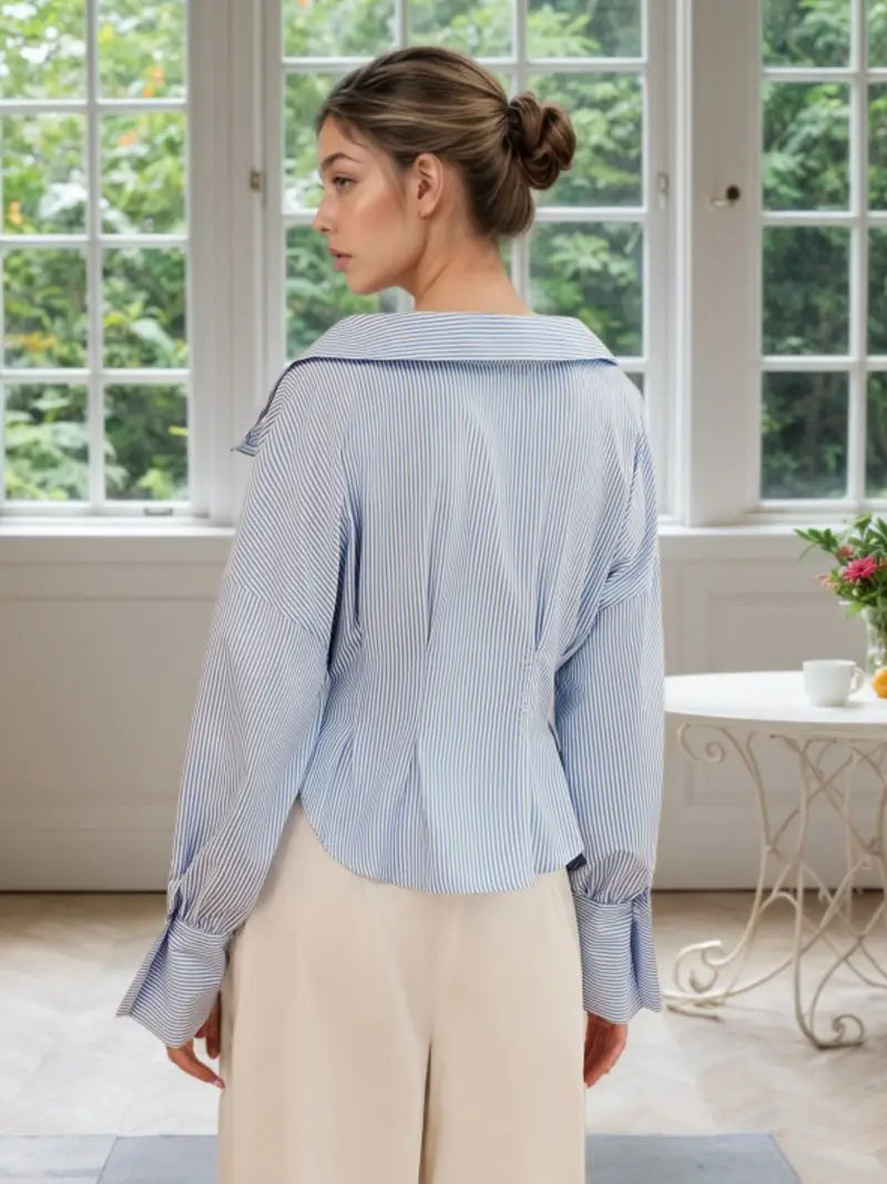 Women's Elegant Light Blue & White Striped Puff Sleeve Blouse - Structured Collar Long Sleeve Top with Ruched Waist-Cinching, Button Front Closure, Machine Washable Spring/Fall Casual to Formal Shirt