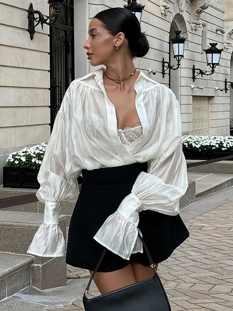 Womens Shirts Button Printed Lantern Long Sleeve Blouse Fashion Casual Tops
