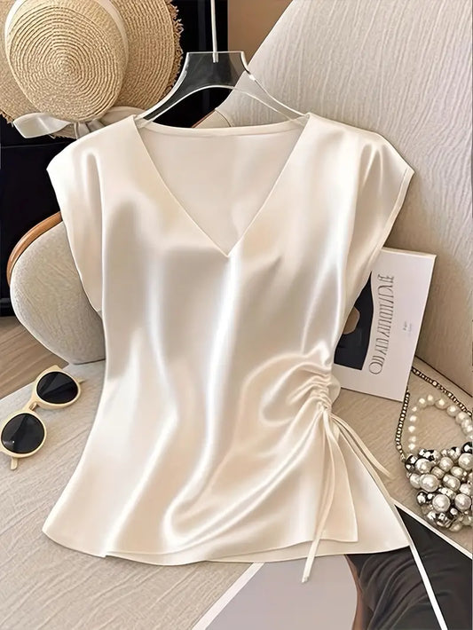 Elegant White Satin V-Neck Blouse for Women - Sleeveless, Ruched Detail, Perfect for Spring/Summer, Stylish and Sophisticated Design, Summer Fashion Top | Ruched Detail Top | Smooth Texture