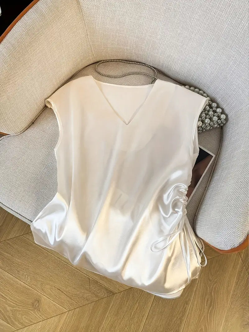 Elegant White Satin V-Neck Blouse for Women - Sleeveless, Ruched Detail, Perfect for Spring/Summer, Stylish and Sophisticated Design, Summer Fashion Top | Ruched Detail Top | Smooth Texture