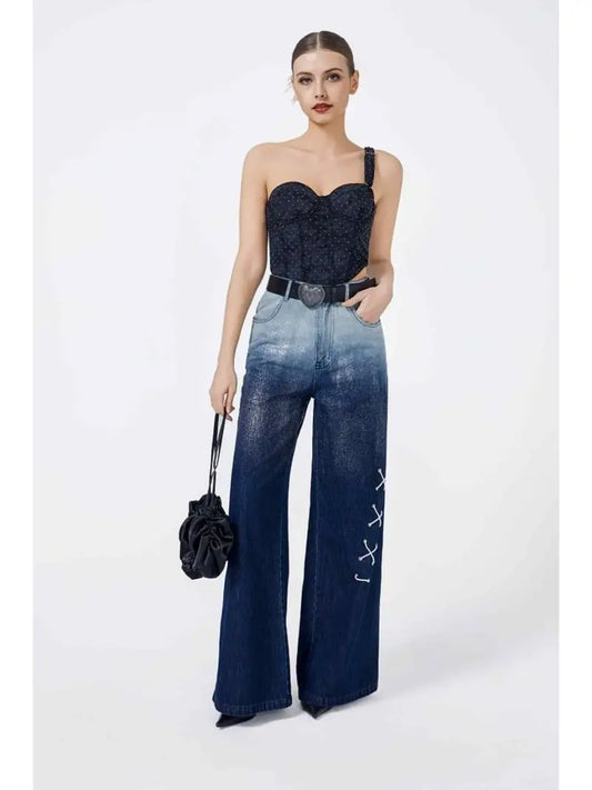 Wide Leg Jeans for Women Mid Waist Baggy Stitch Decor Denim Washed Pants Without Belt