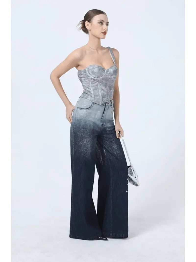 Wide Leg Jeans for Women Mid Waist Baggy Stitch Decor Denim Washed Pants Without Belt