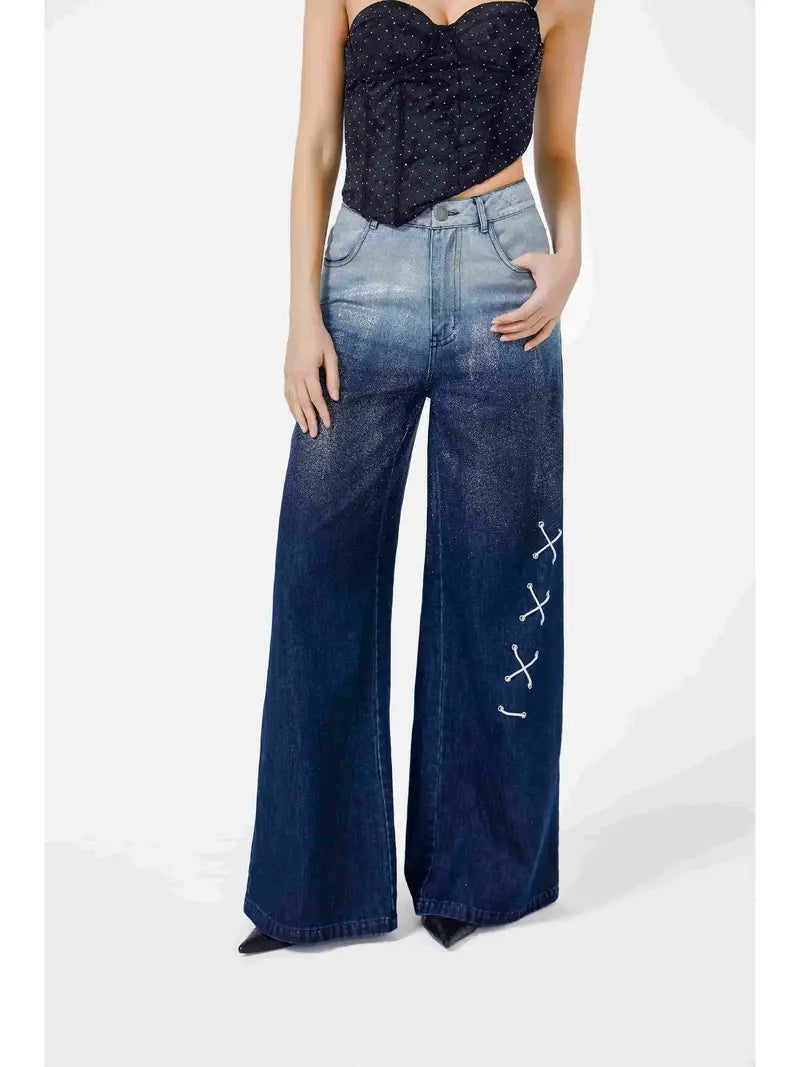 Wide Leg Jeans for Women Mid Waist Baggy Stitch Decor Denim Washed Pants Without Belt