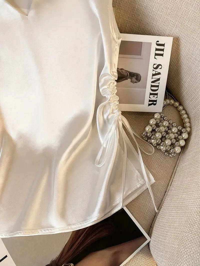 Elegant White Satin V-Neck Blouse for Women - Sleeveless, Ruched Detail, Perfect for Spring/Summer, Stylish and Sophisticated Design, Summer Fashion Top | Ruched Detail Top | Smooth Texture