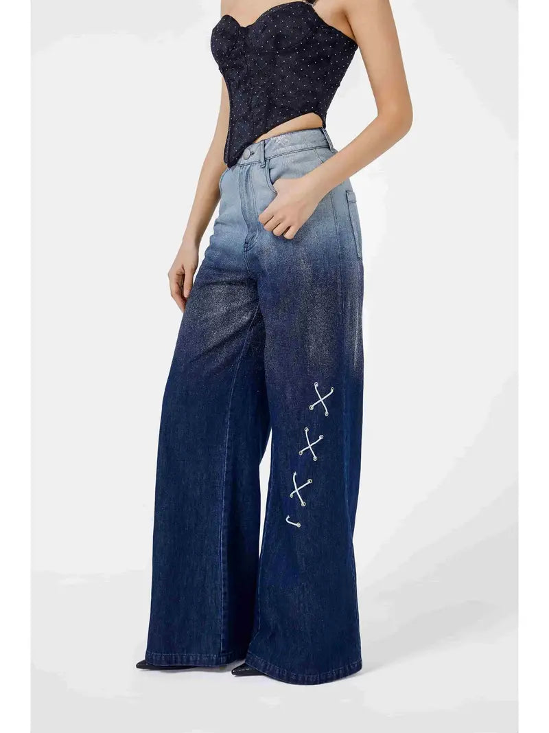 Wide Leg Jeans for Women Mid Waist Baggy Stitch Decor Denim Washed Pants Without Belt