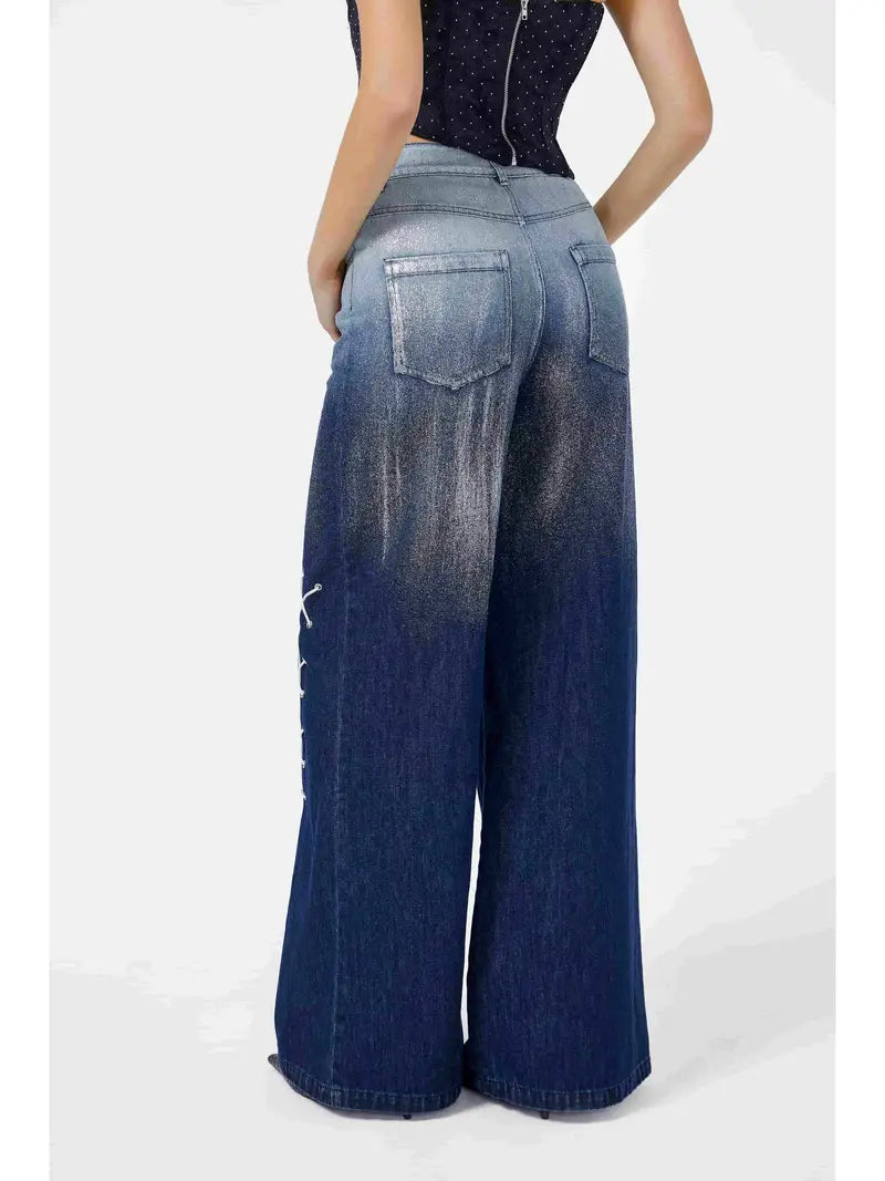 Wide Leg Jeans for Women Mid Waist Baggy Stitch Decor Denim Washed Pants Without Belt