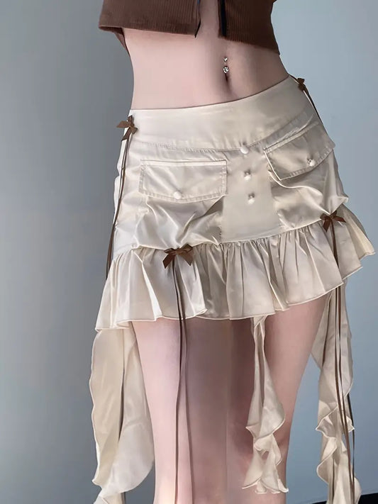 Women's Summer Ruffled Mini Skirt with Long Ribbon, Low Waist Bowknot Short Pleated Skirt Streetwear