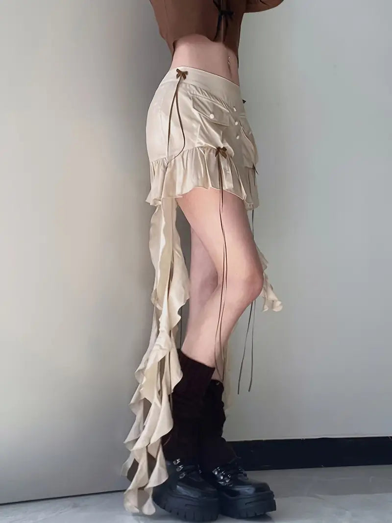 Women's Summer Ruffled Mini Skirt with Long Ribbon, Low Waist Bowknot Short Pleated Skirt Streetwear