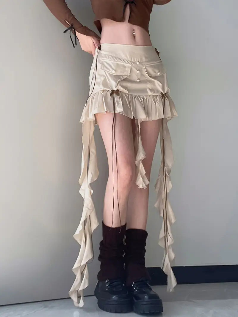 Women's Summer Ruffled Mini Skirt with Long Ribbon, Low Waist Bowknot Short Pleated Skirt Streetwear