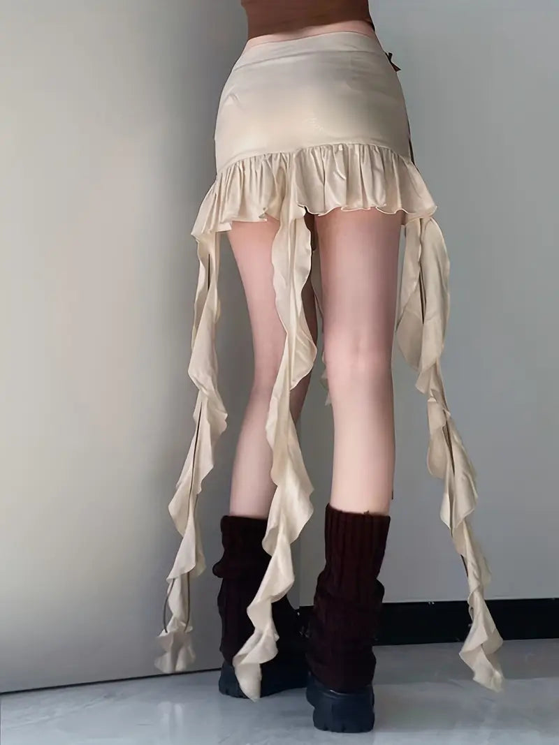 Women's Summer Ruffled Mini Skirt with Long Ribbon, Low Waist Bowknot Short Pleated Skirt Streetwear
