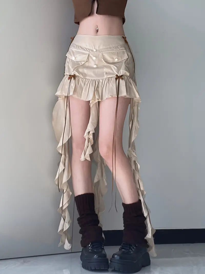 Women's Summer Ruffled Mini Skirt with Long Ribbon, Low Waist Bowknot Short Pleated Skirt Streetwear