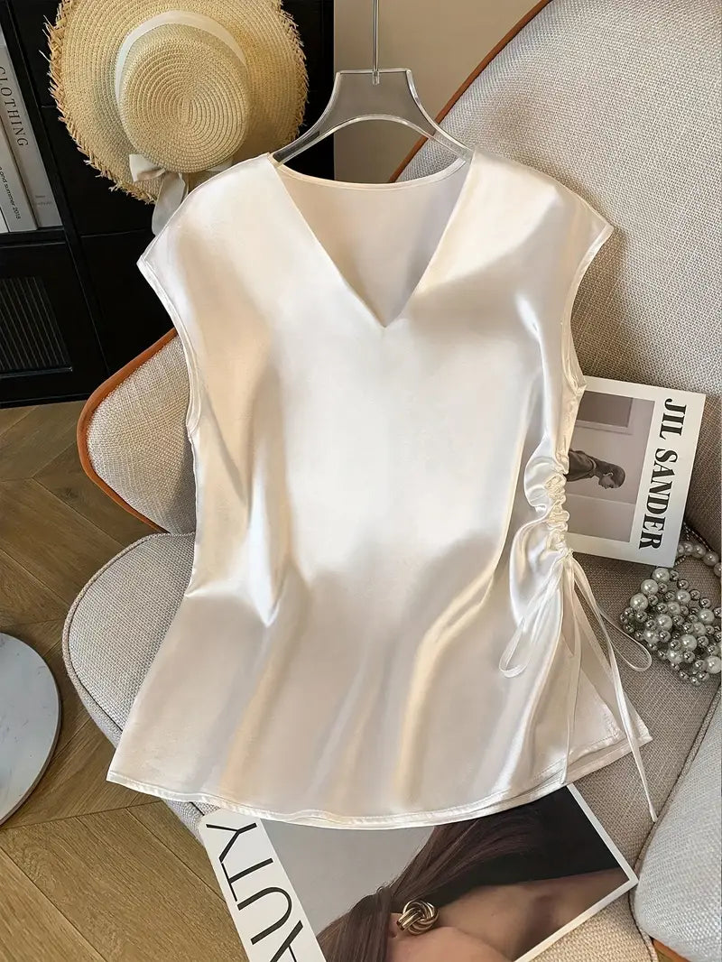 Elegant White Satin V-Neck Blouse for Women - Sleeveless, Ruched Detail, Perfect for Spring/Summer, Stylish and Sophisticated Design, Summer Fashion Top | Ruched Detail Top | Smooth Texture