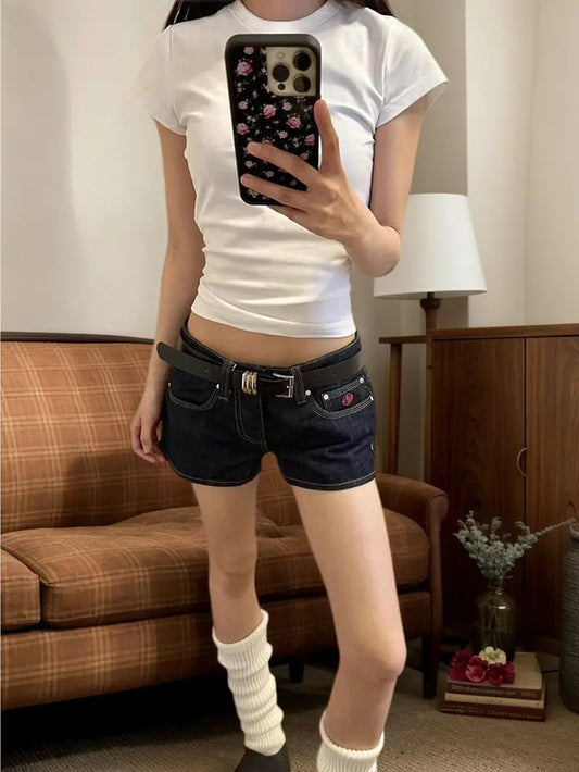 Vintage Washed Blue Denim Shorts - Sexy Low-Rise Slim Fit Hot Pants, Non-See-Through Fabric for Casual & Formal Outfits - Machine Washable Summer Jeans Skirts, Versatile Wardrobe Staple