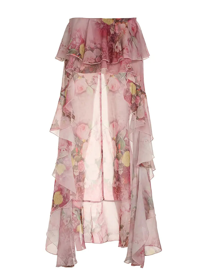 Women'S Elegant Floral maxi skirt - Flowy long skirt with layered ruffle hem,for Beach, Party, Everyday - All-Season Formal & Casual Outfits, Vacation Outfit, Boho Chic, Stylish Detailing, Statement Piece