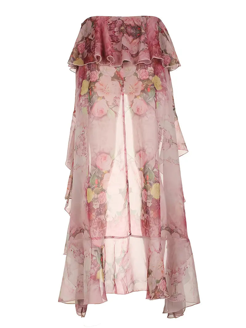 Women'S Elegant Floral maxi skirt - Flowy long skirt with layered ruffle hem,for Beach, Party, Everyday - All-Season Formal & Casual Outfits, Vacation Outfit, Boho Chic, Stylish Detailing, Statement Piece