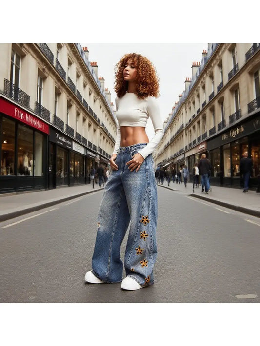 Women'S High-Waisted Loose-Fit Floral Print Jeans - Light Wash Blue Denim Pants with Beltless Design & Built-In Zipper Closure, Casual to Semi-Formal Long Pants for Spring Summer Fall, Comfortable Casual Attire
